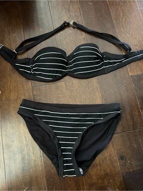 Women's Black & White Striped Bikini Set - Padded Top & Classic Bottom - Size S